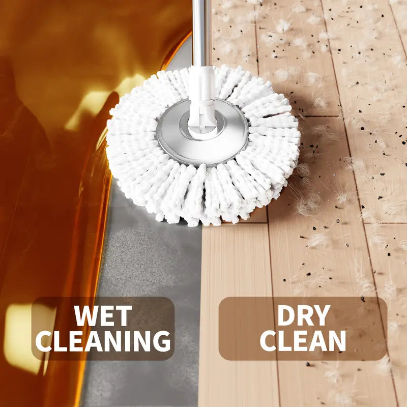 Cleaning brush with labels for wet and dry cleaning on a wooden floor.