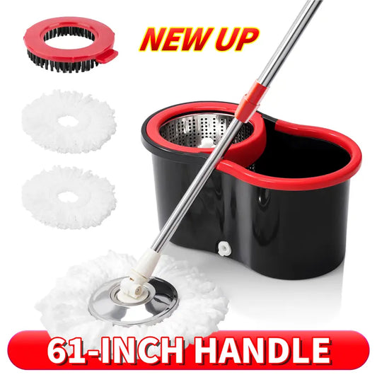 Cleaning mop set with black bucket, red handle, and cleaning pads on a white background.