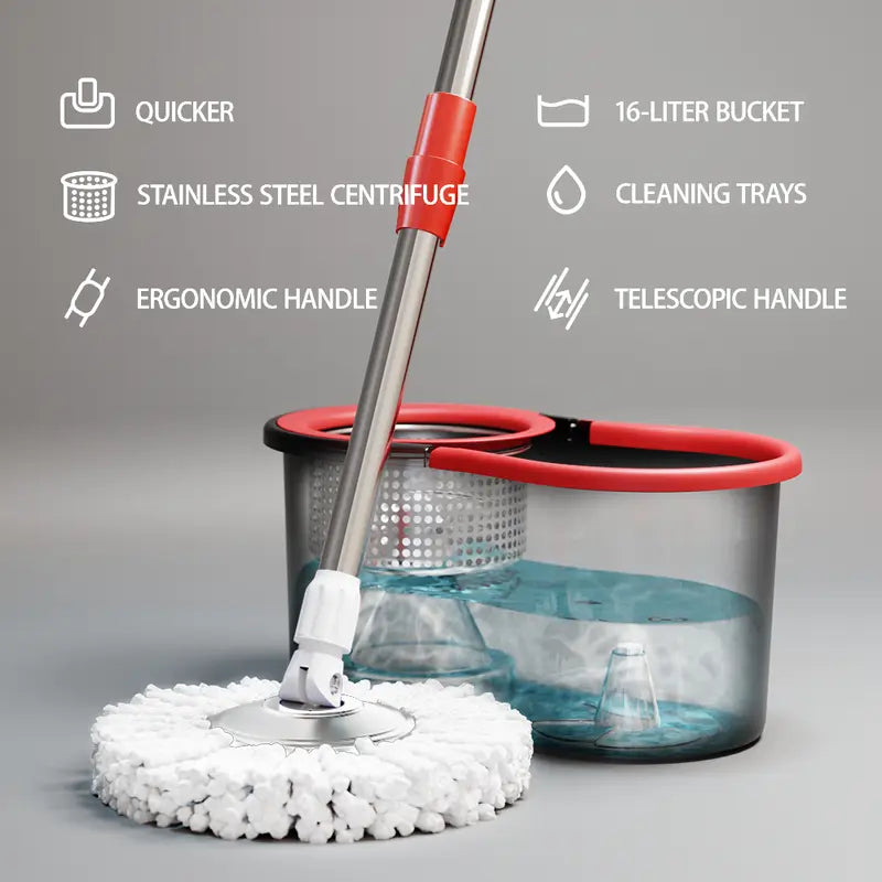 Mop and bucket set with features listed on a gray background