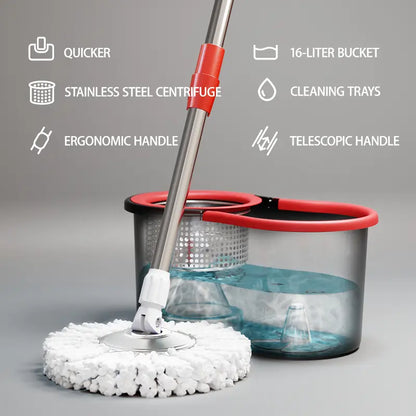 Mop and bucket set with features listed on a gray background